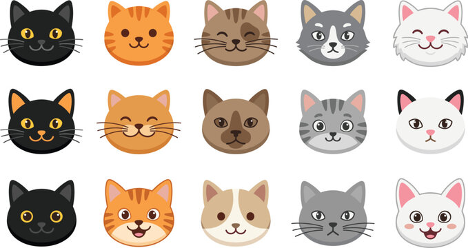 Large Set of Cute Cartoon Cat Face Vector Icons Featuring Different Breeds and Expressions for Pet Shop Branding, Childrens Illustrations, Stickers, and Digital Apps
