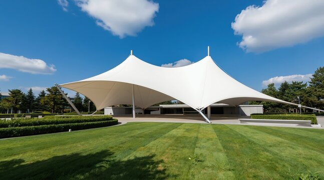 White tensile canopy structure in green park setting. Modern outdoor architecture offers shelter for public events, concerts, or relaxation on sunny day.