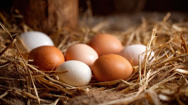 Fresh farm eggs in straw nest inside rustic barn