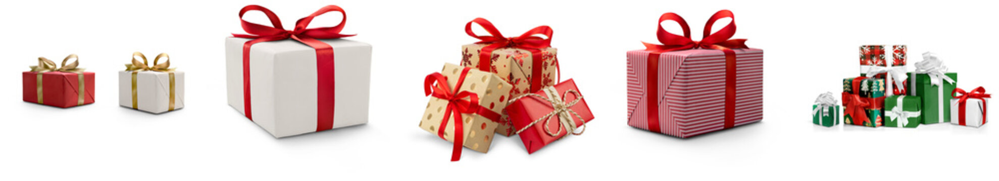 Collection of assorted gift boxes with ribbons and bows on a transparent background