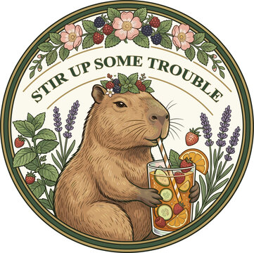 Stir Up Some Trouble Capybara Vintage Badge Illustration, Cute Animal Drinking Iced Tea with Botanical Flowers and Berries, Retro Cottagecore Aesthetic Vector
