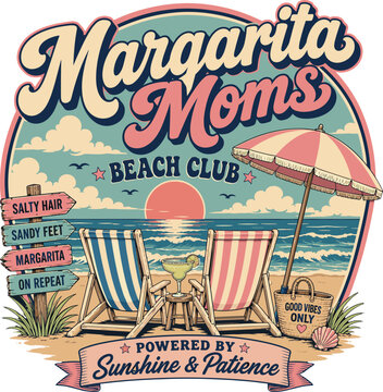 Margarita Moms Beach Club Retro Typography Design, Vintage Sunset Beach Illustration with Lounge Chairs and Umbrella, Funny Motherhood Summer Quote