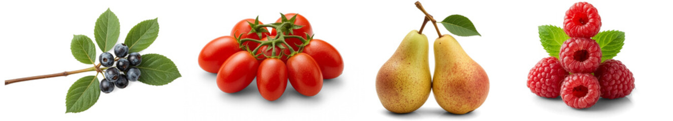 Composition of various fresh ripe fruits isolated on white background, high quality realistic Fruits PNG set and Transparent Background chokeberry fruit , Roma tomato, Bartlett pears, red raspberries 