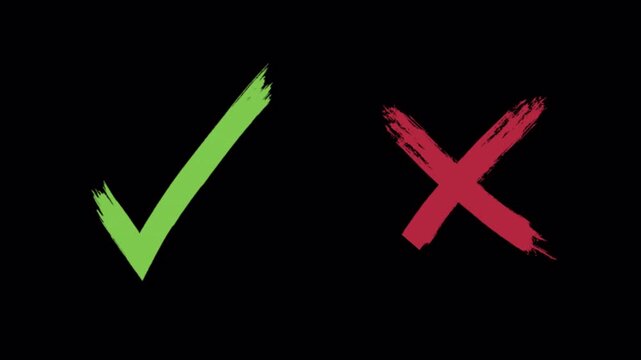 Brush stroke check marks icon sign animation on transparent background, hand drawn brush stroke tick cross marks animated with alpha channel.