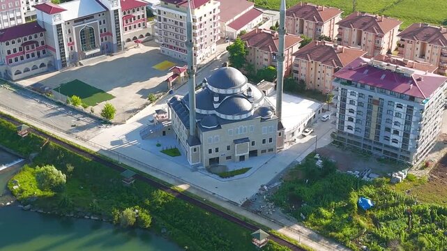 Ardeshen, Turkey. Ensar Mosque, Firtina Mahalla. Firtina River. Sunny morning. Aerial View, MasterShots, Zoom In, Circle (Close)
