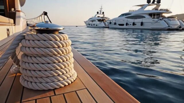 Coiled rope on yacht deck with boats in background emphasizing environmental sustainability and eco-tourism