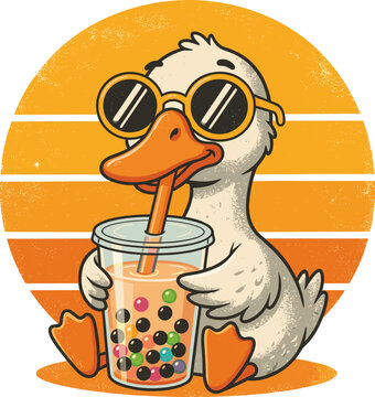 Silly Goose Drinking Boba Tea Retro Illustration, Cute Duck with Sunglasses and Bubble Tea, Vintage Sunset Background
