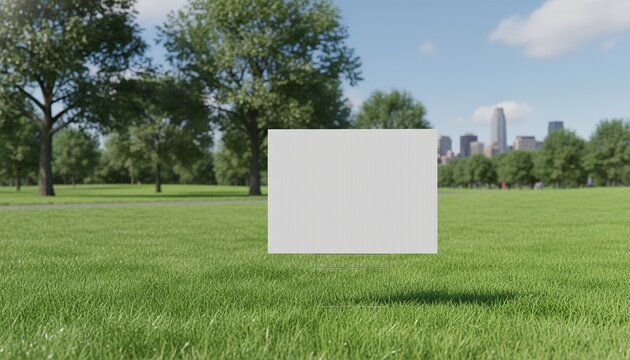 Blank yard sign on green grass. Yard sign mockup in the park