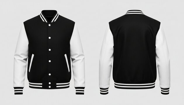 Classic black varsity jacket front and back views for modern fashion design inspiration and apparel mockups