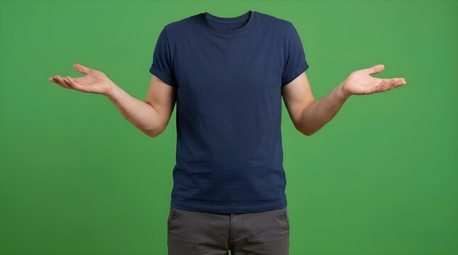 Man in blue t-shirt shrugging on green background