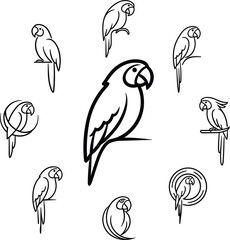 Minimalist parrot logo set with geometric line art bird icons in circular arrangement for brand identity and corporate graphic design © AdhinChandra