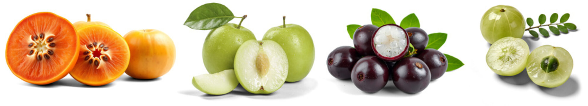 Composition of various fresh ripe fruits isolated on white background, high quality realistic Fruits PNG set and Transparent Background tamarillo fruits,  Green Jujube, Jabuticaba fruit, gooseberry.