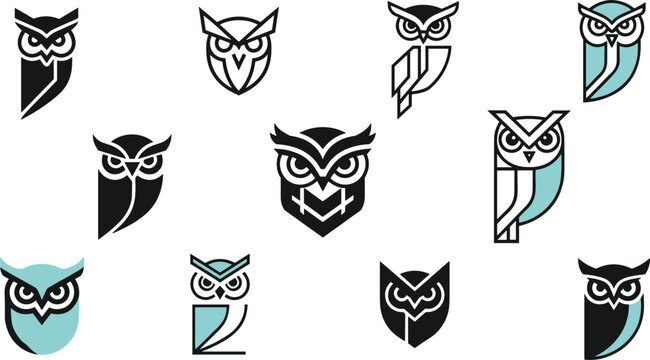 Modern owl logo collection featuring minimalist geometric bird icons in black and teal for corporate branding and creative identity