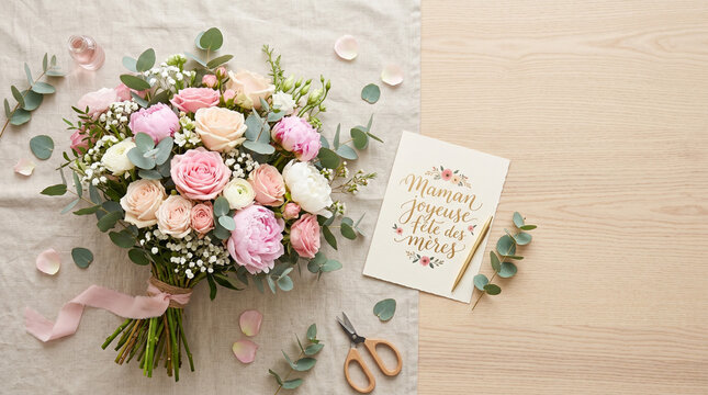 Bouquet de fleurs et une carte pour la f&ecirc;te des m&egrave;res 