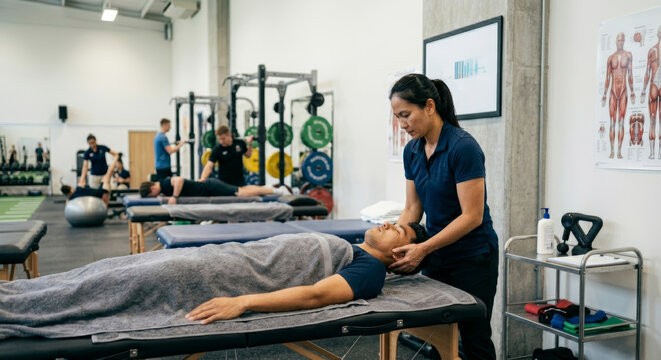 An Asian female physical therapist gently massages the neck and head of a male athlete lying face up on a treatment table covered with a grey towel inside a bustling rehabilitation gym.