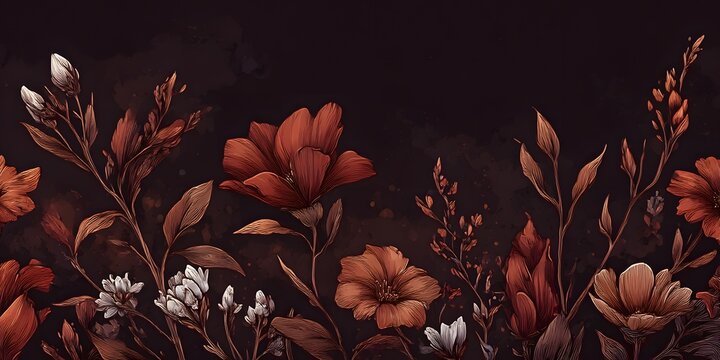 ダーク背景に咲く銅版画風の花の装飾イラスト