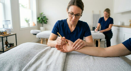 Fototapeta premium A female therapist in blue scrubs applies pressure to a patient's wrist using a golden reflexology wand inside a modern wellness clinic while an assistant takes notes in the background.