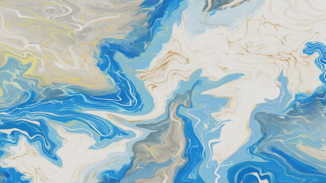 Abstract fluid art with swirling blue, white, and gold patterns
