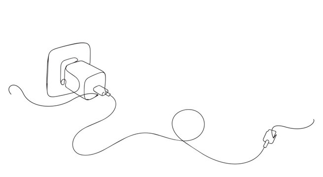 One line drawing of smartphone charger. Continuous line of charging cable and adapter. Technology accessory concept. Modern minimalist style. single line art vector illustration.