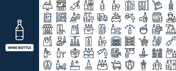 Obraz premium Wine Bottle and Beverage outline icon set. Featuring glass, cork, vineyard, cellar, and tasting symbols. Editable stroke vector icons for wine shop menu and restaurant beverage design.