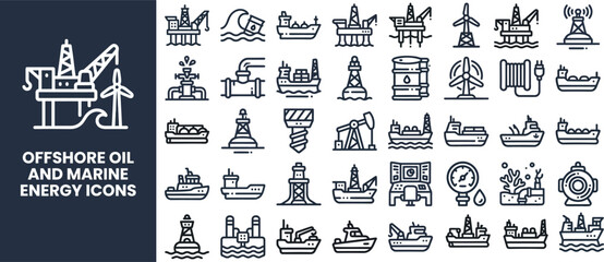 Offshore Oil and Marine Energy outline icon set. Featuring oil rig, drilling platform, tanker, pipeline, and refinery symbols. Editable stroke vector icons for petroleum industry and marine. © Pixel_Forge