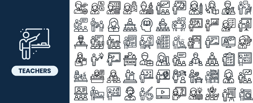 Teacher and Classroom Education outline icon set. Featuring instructor, student, blackboard, lesson, and graduation symbols. Editable stroke vector icons for school and online learning.