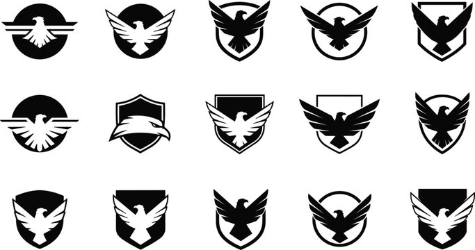Set of professional eagle and falcon logo icons featuring heraldic shields and circular emblems for corporate branding and security identity