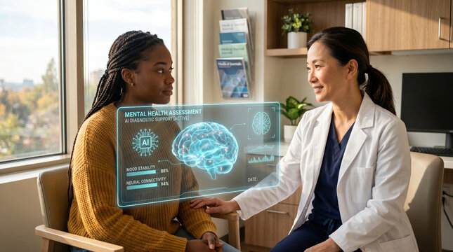 Compassionate mental health assessment healthcare facility hyperrealistic image professional environment close-up perspective