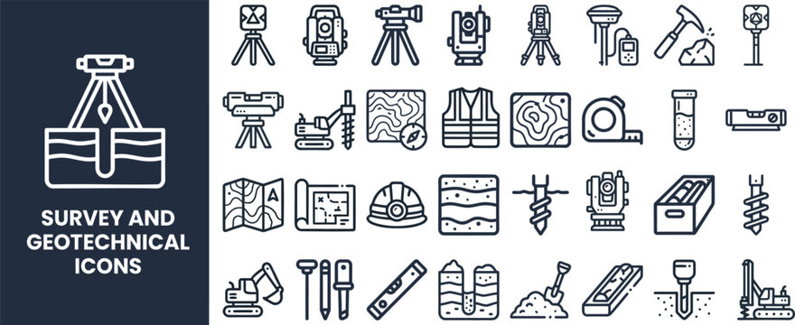 Survey and Geotechnical outline icon set. Featuring theodolite, surveyor, terrain, drilling, and measurement symbols. Editable stroke vector icons for civil engineering and land assessment.