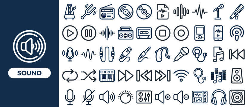 Sound and Audio Wave outline icon set. Featuring speaker, volume, music note, microphone, and headphone symbols. Editable stroke vector icons for audio app and music player design.
