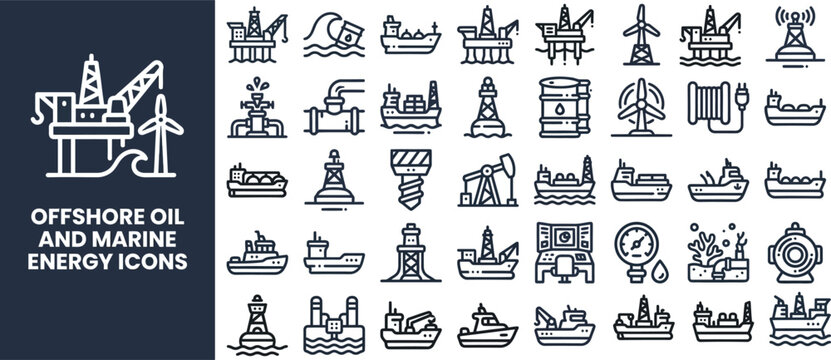 Offshore Oil and Marine Energy outline icon set. Featuring oil rig, drilling platform, tanker, pipeline, and refinery symbols. Editable stroke vector icons for petroleum industry and marine.