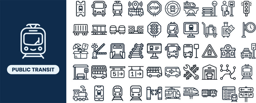 Public Transit and Urban Transport outline icon set. Featuring bus, train, subway, tram, and station symbols. Editable stroke vector icons for city commute and travel route app.