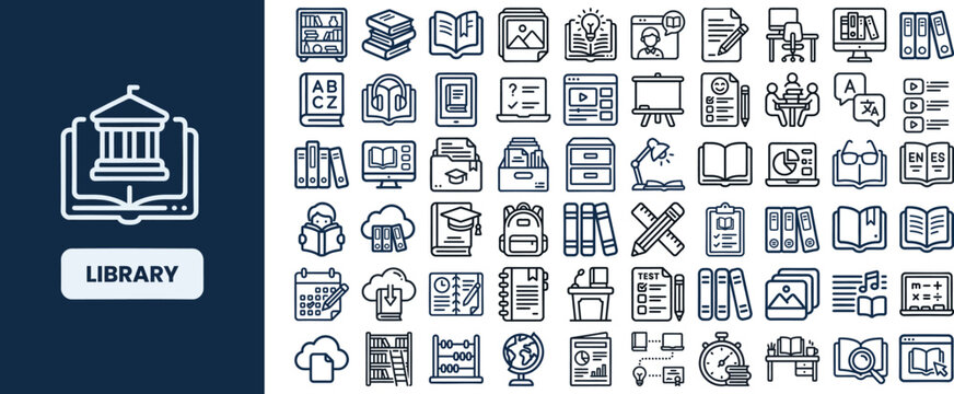 Library and Book Collection outline icon set. Featuring shelf, reading, archive, catalog, and student symbols. Editable stroke vector icons for academic study and knowledge management.