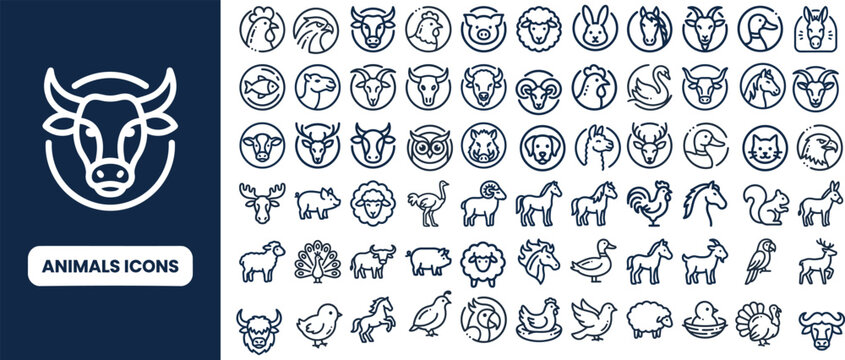Animal and Wildlife outline icon set. Featuring cow, lion, dog, cat, bird, and mammal symbols. Editable stroke vector icons for zoo, farm, and nature presentation design.