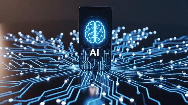 Smartphone with AI brain and circuit design emphasizing network speed and cloud computing