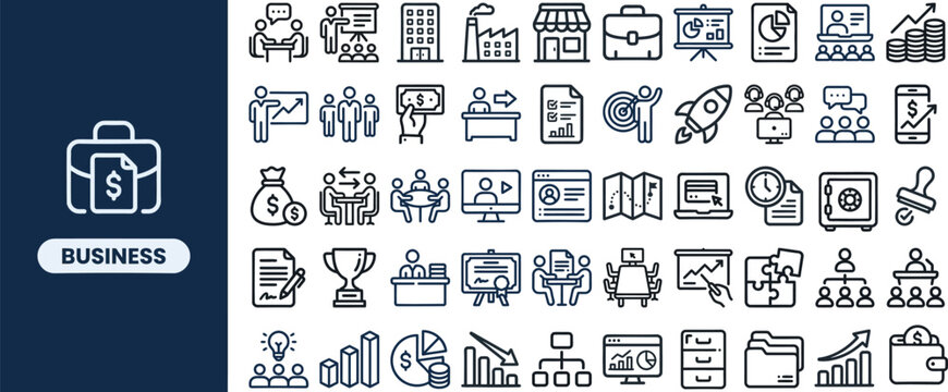 Business Insight and Analytics outline icon set. Featuring chart, graph, data report, KPI, and growth symbols. Editable stroke vector icons for corporate strategy and performance dashboard.