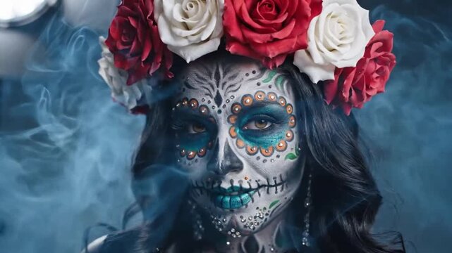 Woman with sugar skull makeup and flower crown perfect for UI/UX design and motion graphics