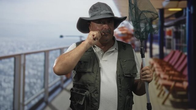 Man in a fishing vest and wide brim hat holding a landing net and touching his moustache on a cruise ship deck with metal rail and rows of wooden deck chairs; serenity.