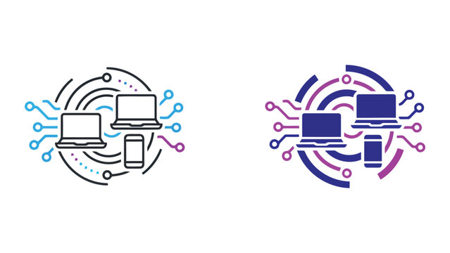 Multi device network connectivity icon with laptops and smartphone in circular circuit lines in flat and linear vector styles for digital integration concepts
