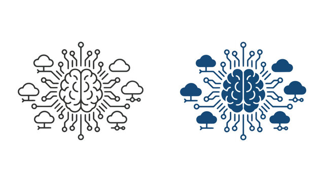 Cloud computing brain network connection icon set for artificial intelligence and global data systems in flat vector illustration style