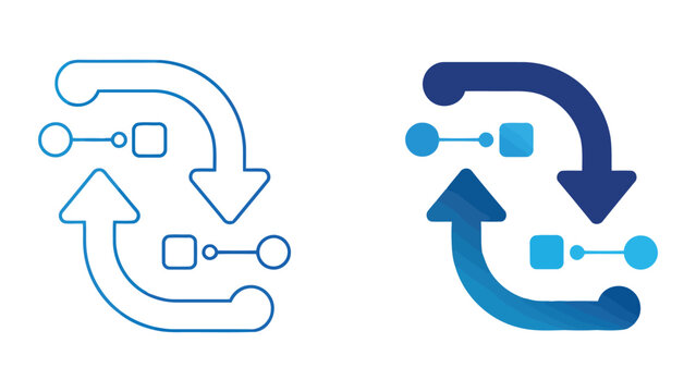 Dynamic data exchange and synchronization process arrows icon set with circular connection points in linear and solid styles representing information flow and system updates in software development