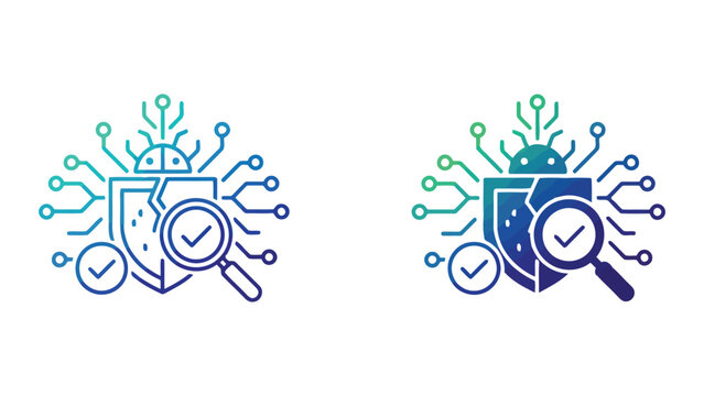 Cybersecurity malware detection and system integrity verification icon showing a magnifying glass scanning a protected shield with a checkmark for software safety and threat prevention vector