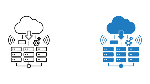 Cloud server download infrastructure icon set with wireless signal and gear symbols representing data management and cloud architecture in professional outline and solid styles for web development