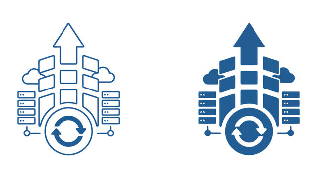 Server farm data migration and cloud infrastructure update icon featuring multiple server racks and cyclical arrows in bold blue vector style for IT maintenance and cloud architecture concepts
