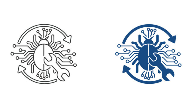 Cybersecurity system bug repair and maintenance icon set for malware removal and technical support in flat vector illustration style