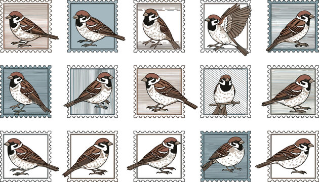 Vintage sparrow bird postage stamp collection set featuring line art illustrations on textured backgrounds for mail philately and decorative design