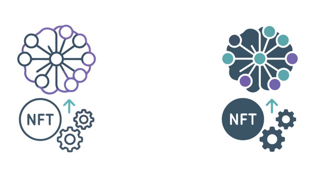NFT marketplace and digital asset minting icon set featuring gear mechanisms and network nodes in outline and solid vector styles for blockchain and cryptocurrency platform branding design