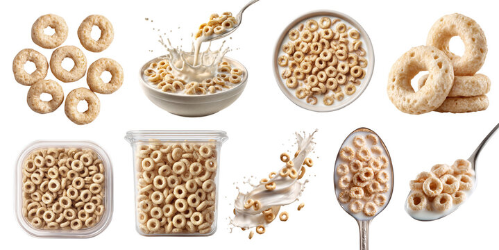 Set of 100% whole grain oats cereal loops rings breakfast snack, yogurt milk splash, bowl spoon with milk, airtight container, fly stack pile cluster, transparent cutout PNG mockup