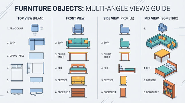 Furniture objects multi-angle views guide illustration.