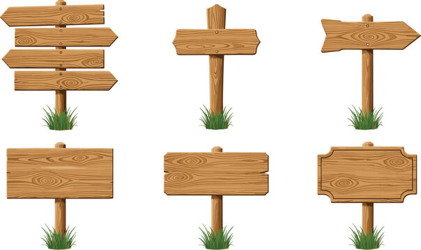 Wooden signpost set with directional arrows and blank rustic boards with grass isolated on white background for outdoor navigation signage and branding